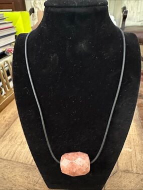 Faceted Pink Stone Pendant Necklace on Black Cord by